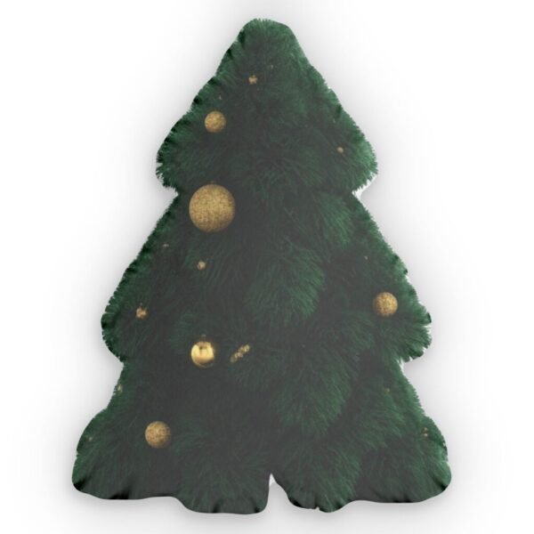 Christmas Tree Shaped Pillow — Festive Green Tree Cushion with Gold Ornaments