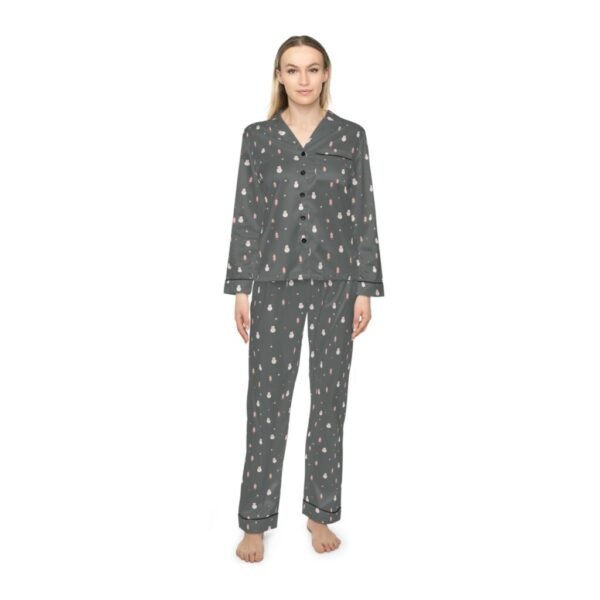 Women's Satin Pajama Set — Dark Grey - Snowman Print Sleepwear