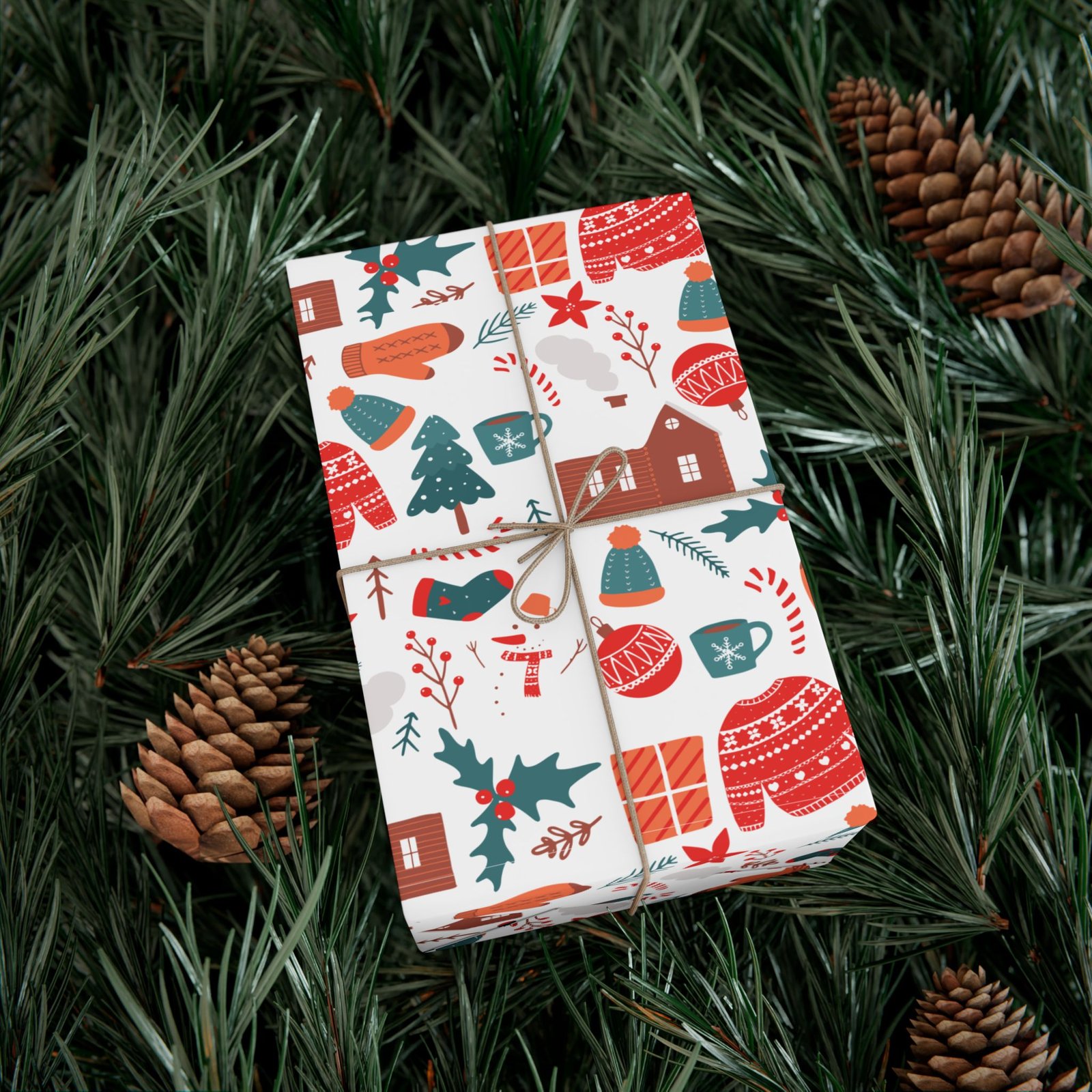 Christmas Pattern Gift Wrap Paper — Cozy Holiday Hats, Mittens & Cabins Wrapping Sheets