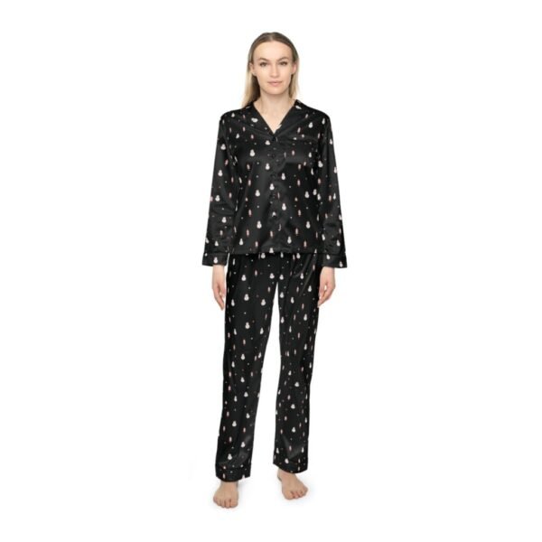 Women's Satin Pajama Set — Black - Snowman Print Sleepwear
