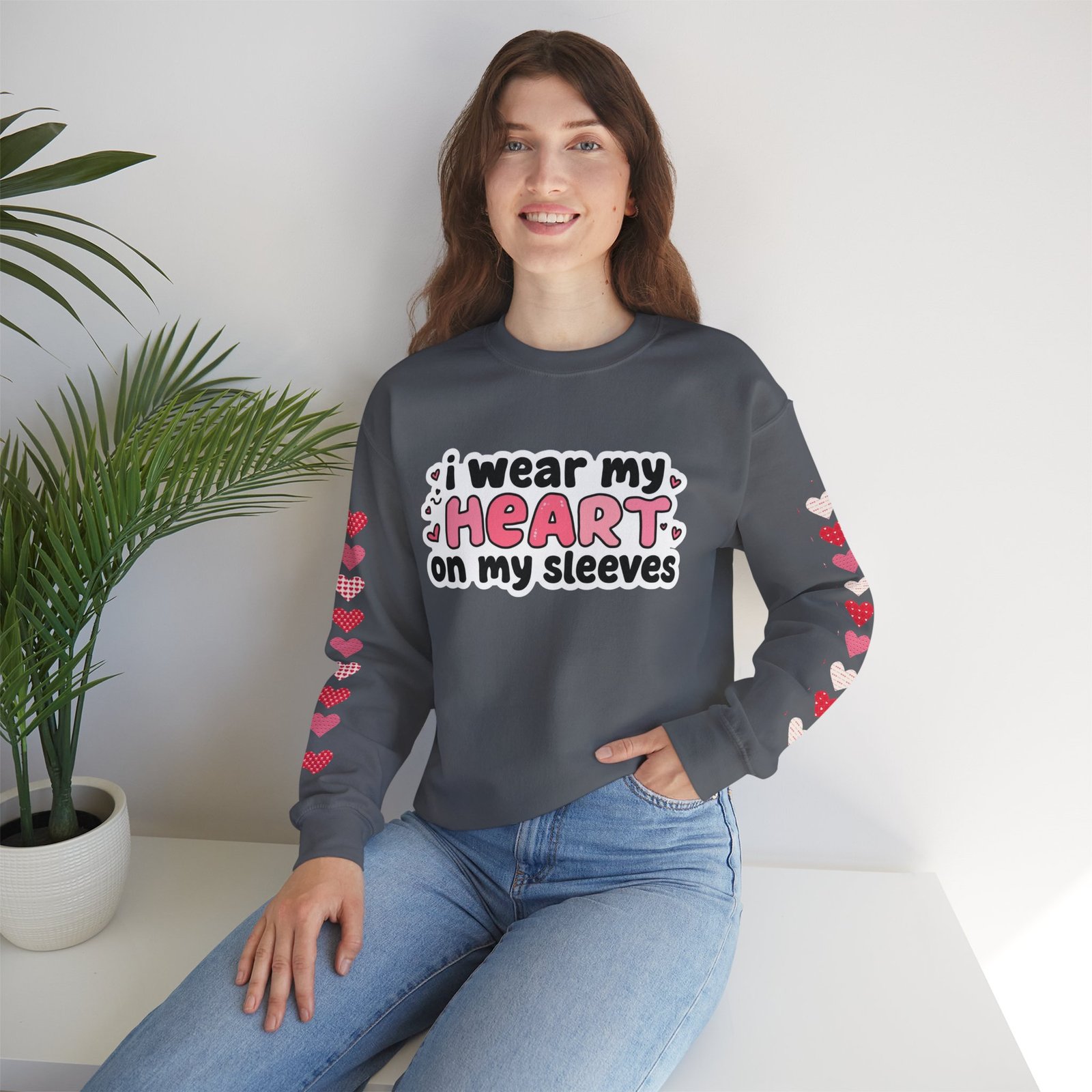 Cute Strong Heart Crewneck Sweatshirt — Kawaii Flexing Heart Graphic - Image 54